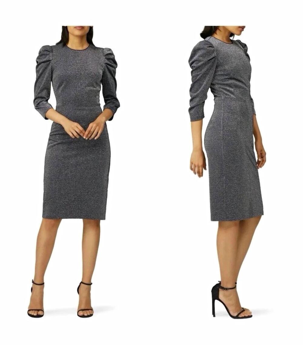 Halston Sz 2 Metallic Silver Ruched Puff 3/4 Sleeve Knee Length Office Dress